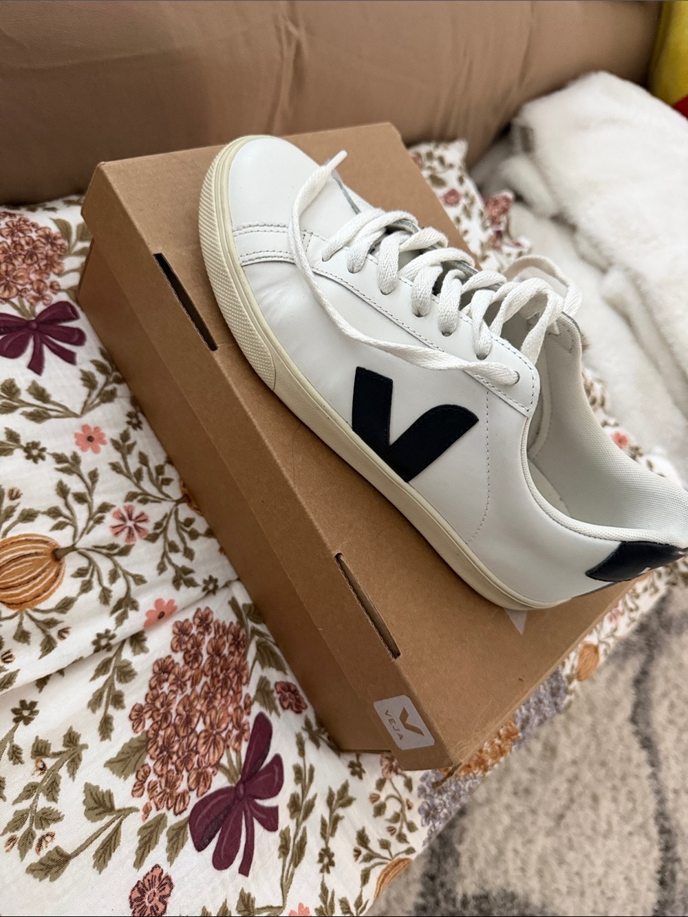 Veja White Leather Sneaker with Black V Accent